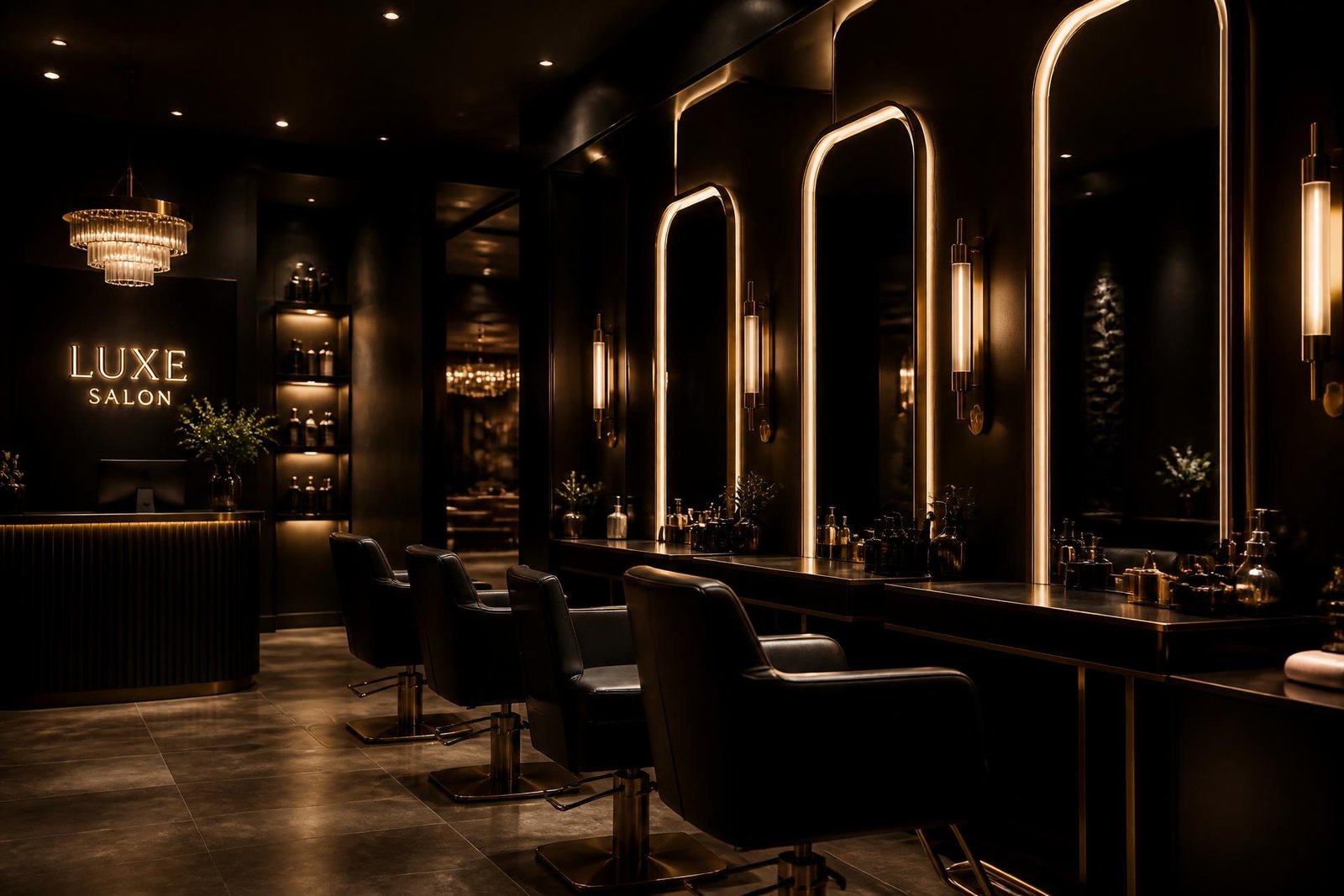 Cinematic view of the A Rich Hair Craft salon interior at night