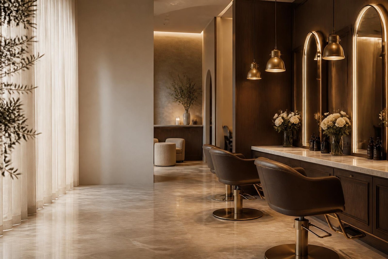 Warm taupe and champagne interior of A Rich Hair Craft Unisex Salon in Hubballi with brass pendant lights, arched backlit mirrors and premium styling chairs