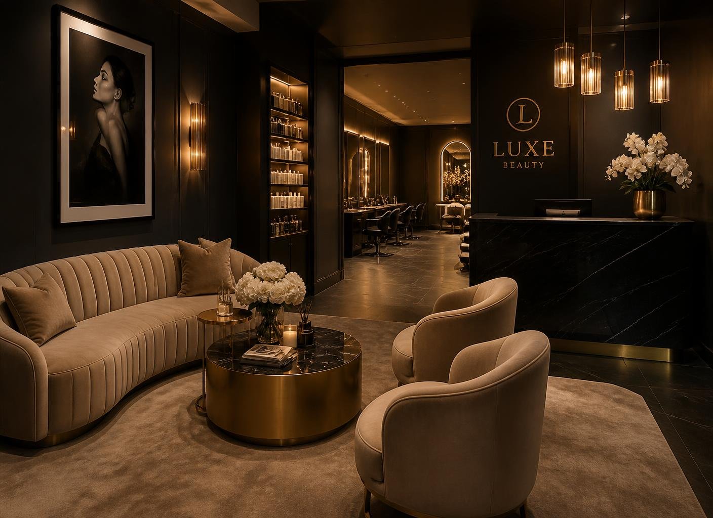 Beige velvet waiting lounge and black marble reception at A Rich Hair Craft